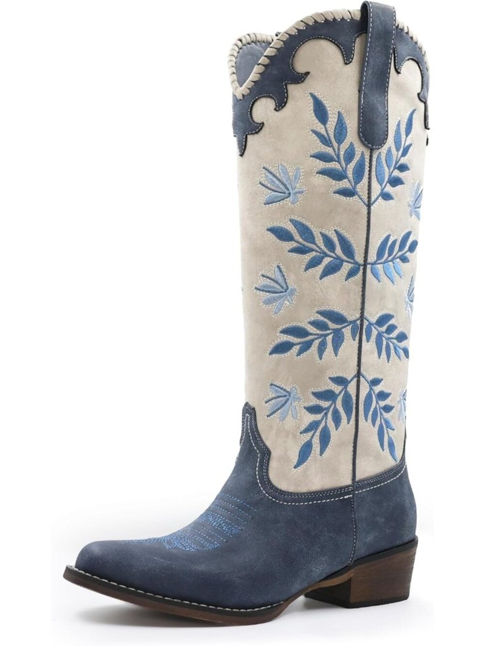 Women's Blue Cowboy Boots Leaf Embroidered Pull on Knee High Round Toe Boots